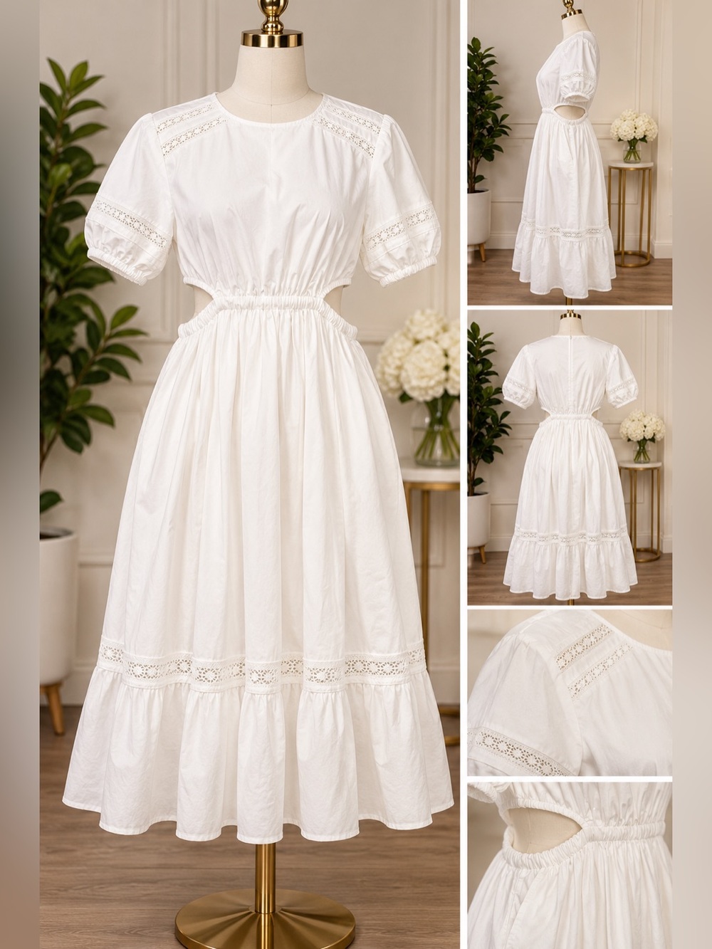 Leota NWT White Cotton Midi Dress Embroidered Lace Trim Size S
